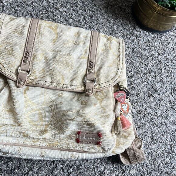 Sakroots Convertible Backpack Crossbody Messenger Bag Handbag Tan Gold Printed